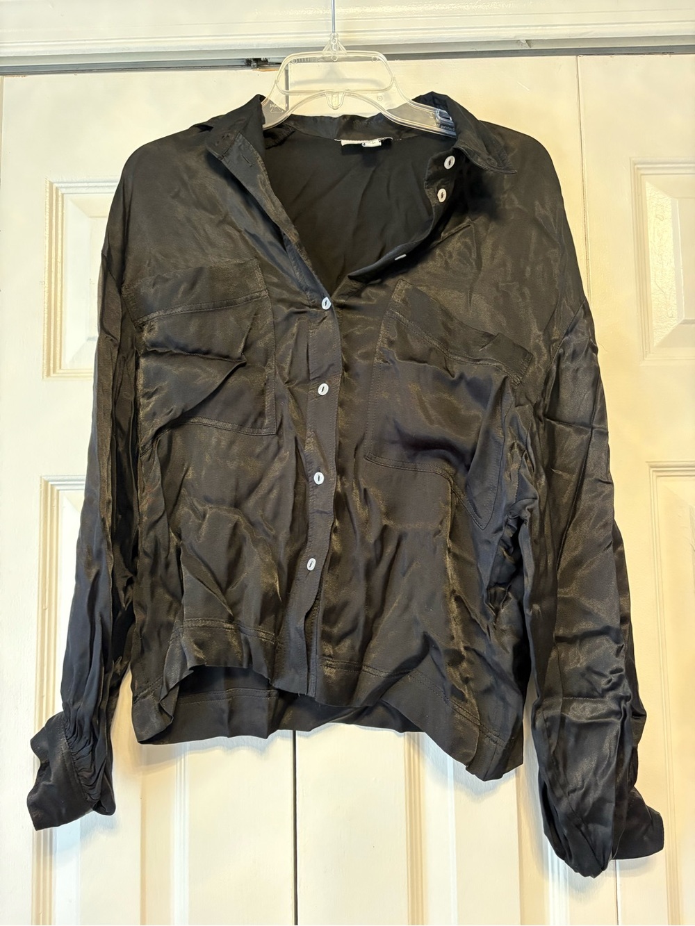 Topshop Black Satin-Look Sheer Button Front Blouse